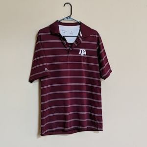 A&M maroon with white and gray striped polo